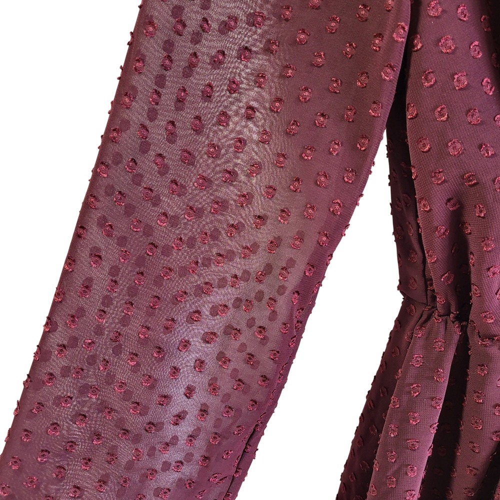 Lulus Burgundy Burnout Dot Long Sleeve Ruffle Tiered Mini Dress XS - Picture 2 of 6
